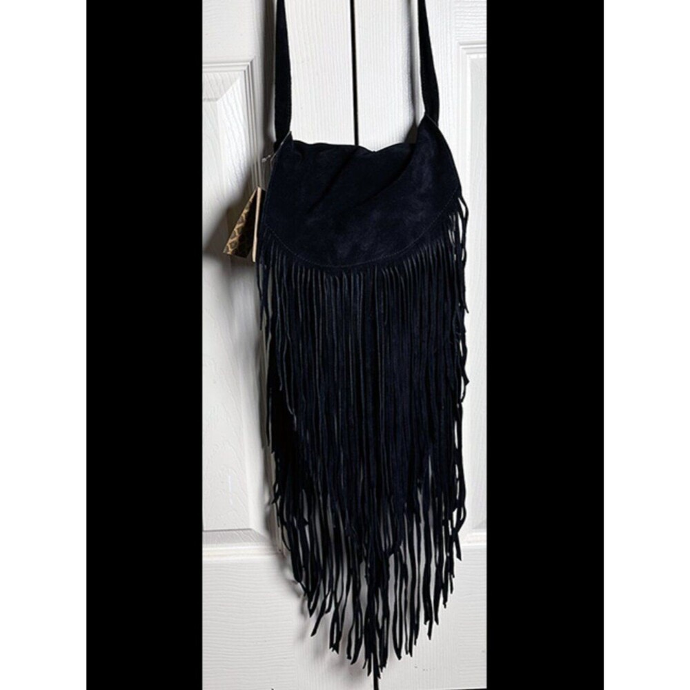 NWT Elegant Black Suede Leather Fringe Purse Bag Bohemian Boho Fair Trade India - Picture 3 of 13